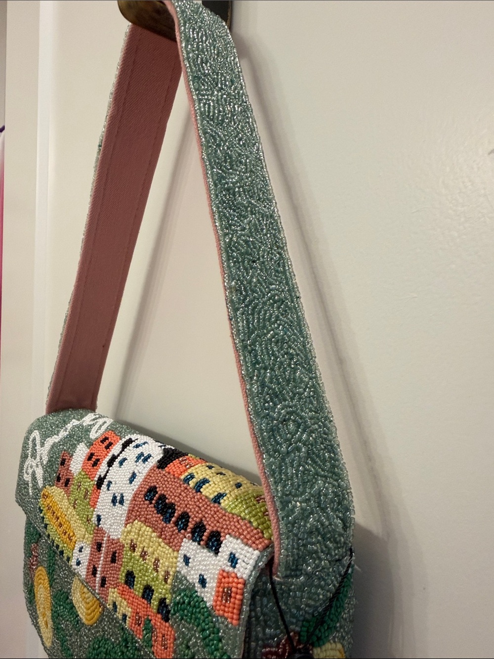 NTW-NEW VIRAL Beaded Amalfie Cityscape Shoulder Bag in Green, Yellow & Pink - Picture 6 of 11